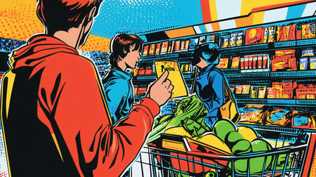 People are actively selecting groceries in a colorful supermarket, using a virtual cart for easy delivery options and shopping efficiency.の素材