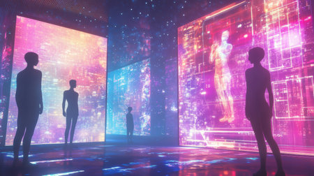 Avatars interact in a colorful digital lobby filled with holographic screens showcasing virtual social experiences and engagement opportunities.の素材