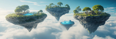 Four floating islands connected by glowing portals offer access to different realms, emphasizing creativity and adventure in a fantastical sky.の素材