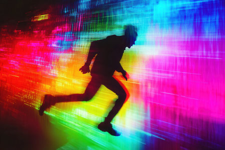 A dynamic burst of neon colors creates a vibrant backdrop where a person runs energetically, embodying a cyberpunk vibe in a electrifying atmosphere.の素材