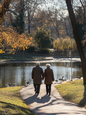 An elderly couple strolls hand in hand along a scenic path by a pond, surrounded by nature and ducks on a beautiful autumn day.の素材