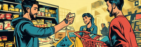 Characters engage in grocery shopping, adding items to virtual carts while interacting in a lively atmosphere filled with colorful productsの素材