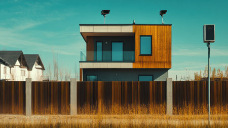 A contemporary residence features a tall fence and surveillance cameras, set against a clear sky and open field, ideal for security and privacy.の素材