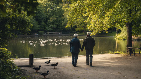 Couple strolls hand in hand in a tranquil park, enjoying the evening light, a pond with ducks, and the beauty of nature around them.の素材