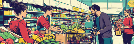 Individuals shop for groceries in a vibrant grocery store, adding items to their virtual cart, showcasing digital convenience in a lively atmosphere.の素材
