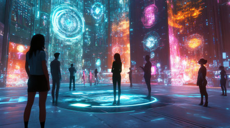 Avatars interact in a lively digital lobby surrounded by holographic displays, showcasing social connectivity and immersive technology.の素材