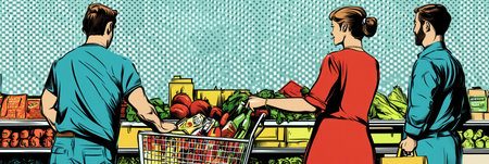 People choose groceries, fill virtual carts, and enjoy modern delivery, all illustrated in vibrant comic book art.の素材