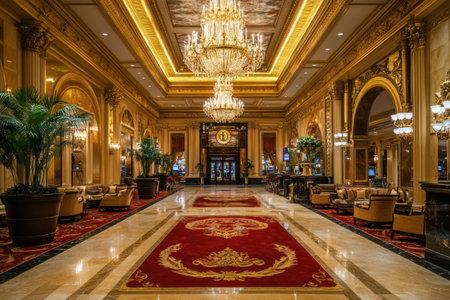 A stunning lobby showcases elegant details, from plush seating to polished marble floors, creating a sophisticated atmosphere for guests.の素材