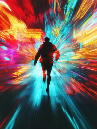 A silhouette races through a neon cityscape, bursting with color and motion blur, capturing a vibrant cyberpunk vibe.の素材