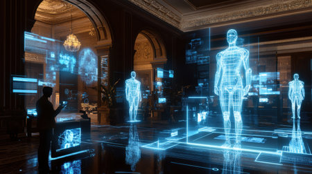 In a grand digital lobby, avatars engage with holographic interfaces and screens, illustrating social interaction within a metaverse setting.の素材