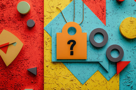 An abstract figure resembling a price tag appears amidst colorful elements, emphasizing discounts and artistic patterns in a playful arrangement.の素材