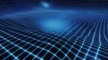 A vibrant grid of blue and silver holographic effects creates a high-tech atmosphere, featuring a luminous grid node positioned for text placement.の素材