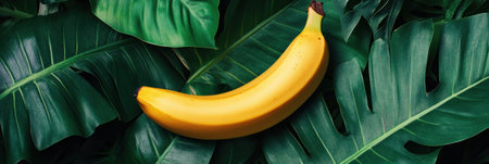 Bright yellow banana showcases its color against rich green tropical foliage in a well lit setting, highlighting natures beauty.の素材