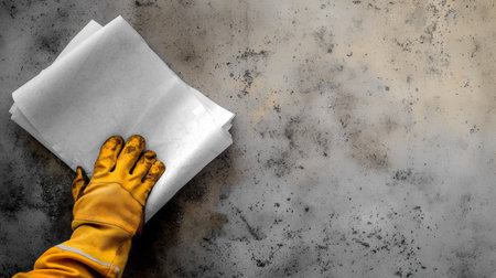 A hand wearing a safety glove holds a detailed blueprint amidst the busy environment of a construction site, allowing for creative text placement.の素材