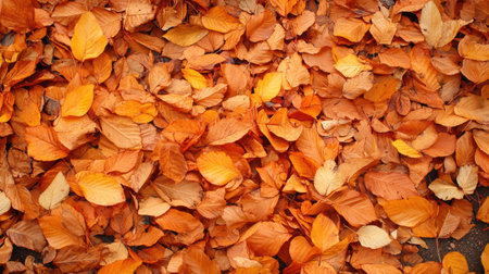 Bright orange leaves cover the ground in a park, marking the arrival of autumn and inviting peaceful strolls amidst natures changing colors.の素材