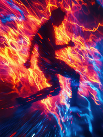 A running figure is enveloped in explosive neon colors, creating a dynamic, electrifying environment filled with motion blur and energy.の素材