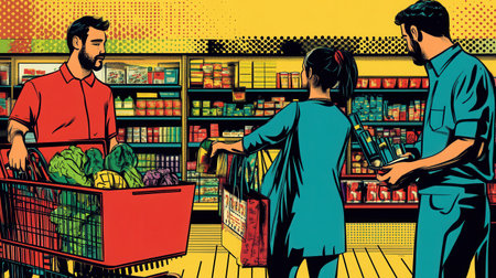 People are actively selecting groceries, adding items to their virtual carts, and preparing for delivery, showcased in a bold comic book style.の素材