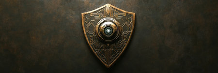 This shield features cybernetic patterns and a robotic eye, showing AIs role in cybersecurity.の素材