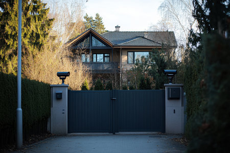 A modern house is enclosed by a tall fence with surveillance cameras, creating a secure private space in a tranquil environment.の素材
