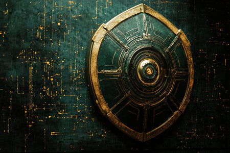 This shield showcases intricate cybernetic patterns and a robotic eye, symbolizing artificial intelligence in the field of cybersecurity.の素材