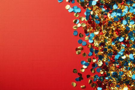 Bright confetti in gold, red, and blue adds a lively touch, making it ideal for celebrations and special occasions, inviting joy and excitement.の素材