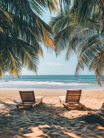 Sun loungers invite visitors to unwind on warm golden sands by a calm sea, framed by swaying palm trees and gentle waves.の素材