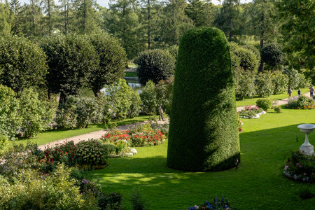 Visitors stroll through the lush gardens of Catherine Palace, taking in the vibrant floral displays and iconic topiary on a warm sunny day in Tsarskoye Selo.の写真素材