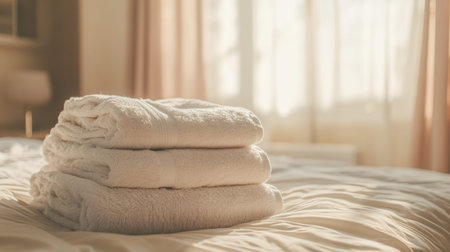 Freshly washed towels and linens are arranged in a neat pile on a bed, bathed in soft light...