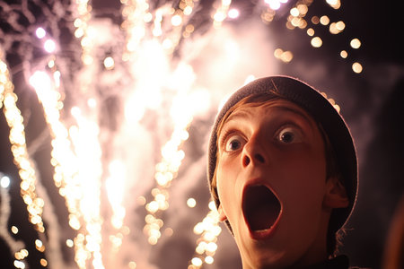 Wide-eyed individual gazes in awe at a colorful fireworks display, capturing the essence of wonder with vibrant colors lighting up the night.の素材