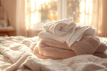 A neat pile of freshly washed towels and bed linens rests on the bed, illuminated by soft light from the window, creating a warm and inviting ambiance.の素材