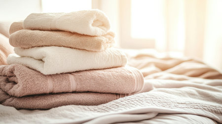 Soft light filters through the window, illuminating a tidy arrangement of freshly washed towels and bed linens, creating a warm, inviting atmosphere.の素材