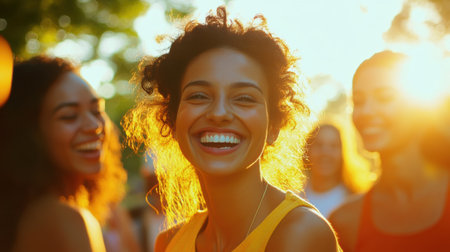 A group of friends shares joy in a sunny park, radiating happiness and laughter against a backdrop of warm colors and soft focus.の素材