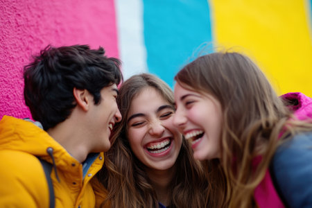 A group of friends is sharing a joyful moment in a lively urban environment, surrounded by bright colors, showing genuine laughter and playful expressions.の素材