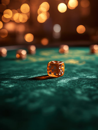Rolling golden dice on a rich velvet green casino table creates a lively atmosphere filled with luxury and excitement from the vibrant glowing lights.の素材