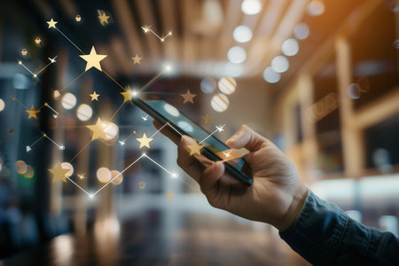 Hand holding a smartphone displays glowing reviews and ratings, creating a trustworthy atmosphere. Ideal for service-related businesses seeking client feedback.の素材