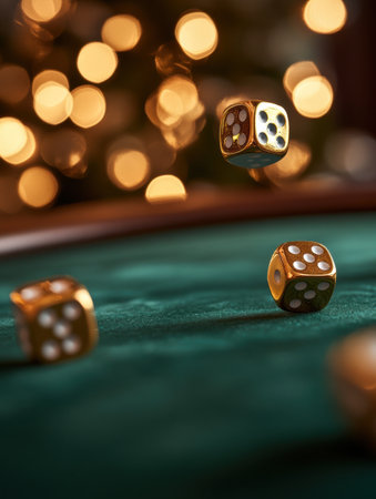 Golden dice tumble on a plush green casino table, leaving a streak of motion blur as vibrant lights reflect off the surface, enhancing the luxurious feel.の素材