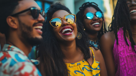 A group of friends share a moment of laughter in a vibrant urban setting, surrounded by bright colors and joyful expressions, capturing the essence of fun.の素材