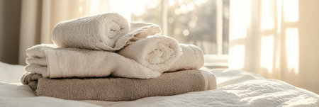 A neat pile of freshly washed towels and bed linens rests on a bed, illuminated by soft light, enhancing the inviting and comfortable ambiance of the room.の素材