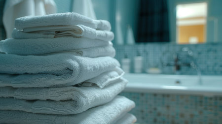 Soft, white towels are carefully stacked in a bright bathroom, embodying a serene atmosphere ideal for unwinding in a hotel or spa environment.の素材