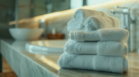 Neatly arranged towels enhance the cozy atmosphere in a clean bathroom, ideal for hotels and spa salons promoting relaxation and tranquility.の素材