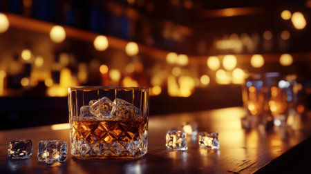 Luxurious bar counter displays premium whiskey in crystal glasses, with ice cubes reflecting warm ambient lighting, creating an exclusive atmosphere.の素材