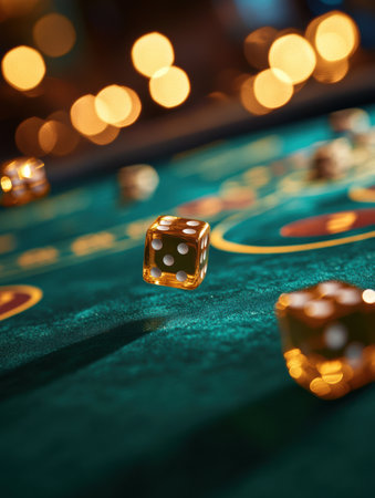 Golden dice glide across a vibrant green casino table, leaving motion blur while casino lights shimmer, enhancing the feeling of excitement and luxury.の素材