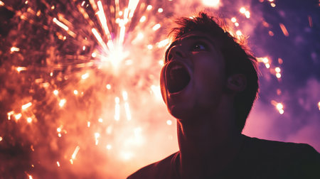 Wide-eyed individual gazes in awe at a vibrant fireworks display lighting up the night sky, filled with oranges, purples, and whites, sparkling around.の素材