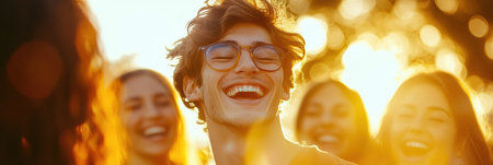 Broad smiles light up a sunny park while friends share laughter and celebrate life, surrounded by bright colors and a warm, cheerful atmosphere.の素材