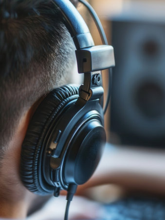Headphones rest comfortably on an ear in a serene office setting, highlighting a focus on sound quality and the benefits of soundproofing solutions.の素材