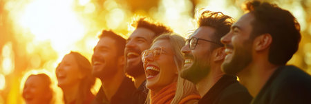 A cheerful group of friends smiles and laughs together in a sunny park, surrounded by warm colors and a feeling of celebration.の素材