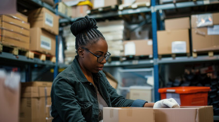 Dedicated business woman sorts through packaging materials in a bustling warehouse, ensuring efficient production and competitive pricing for clients.の素材