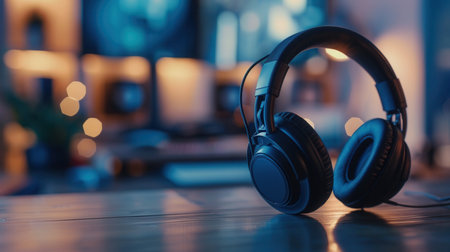 A quiet home office features a close-up of headphones resting on a wooden desk, promoting a peaceful atmosphere ideal for work and soundproofing solutions.の素材