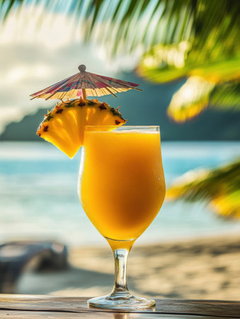 A refreshing tropical cocktail adorned with pineapple slices and a small umbrella waits for enjoyment against a stunning beach backdrop in sunlight.の素材