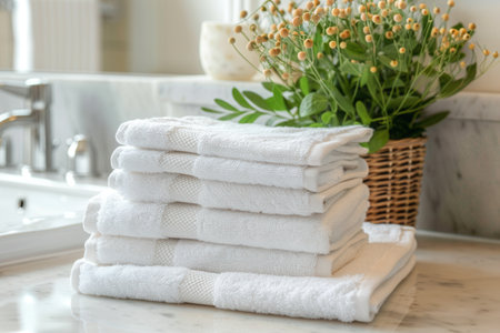 Soft, white towels are neatly stacked in a serene bathroom, surrounded by greenery, creating an inviting and clean space ideal for relaxation.の素材